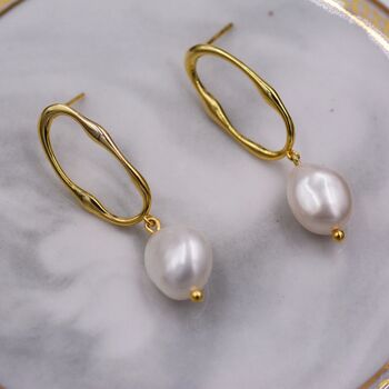 Baroque Pearl Irregular Hoop Drop Stud Earrings, 5 of 11