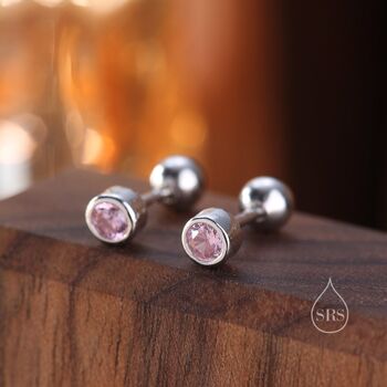 Tiny Pink Cz Barbell Earrings In Sterling Silver, 7 of 12