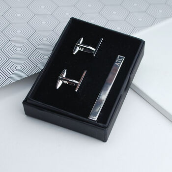 Personalised Silver Rectangle Cufflinks And Tie Clip Set, 3 of 8