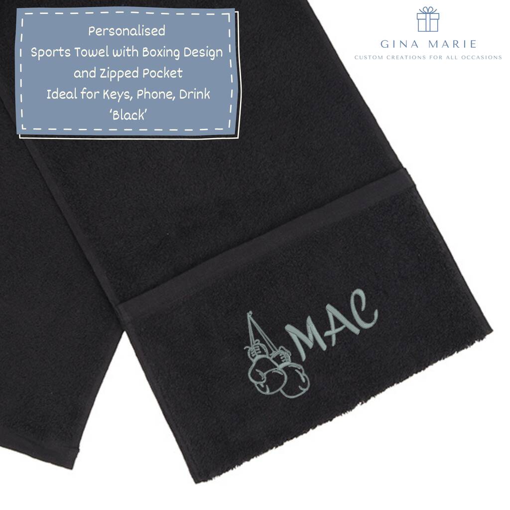 Personalised Embroidered Gym Towel With Zipped Pocket And Boxing Gloves Design, 1 of 4