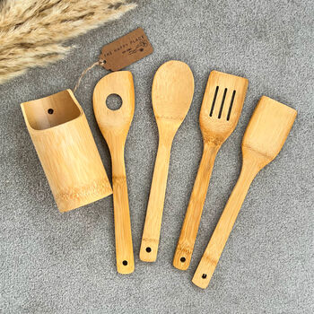 Bamboo Wood Kitchen Utensil Set With Holder, 8 of 8