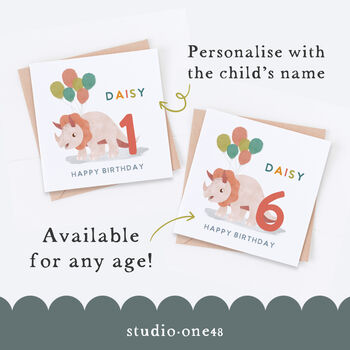 Personalised Dino Triceratops And Balloons Card, 3 of 3