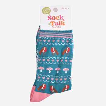 Women's Bamboo Socks Teal Robin Fair Isle, 5 of 5