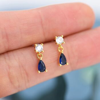 Sapphire Blue Cz Dangle Round Droplet Stud Earrings, 4 of 11