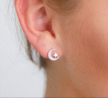 Moon And Star Sparkly Stud Earrings, 2 of 6
