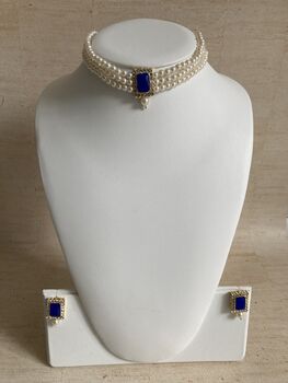 Blue 18 K Gold Plated Pearl Indian Choker Set, 3 of 6