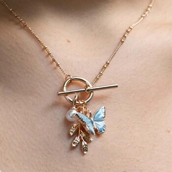 Fable Enamel Blue Butterfly And Leaf Charm Necklace, 2 of 5
