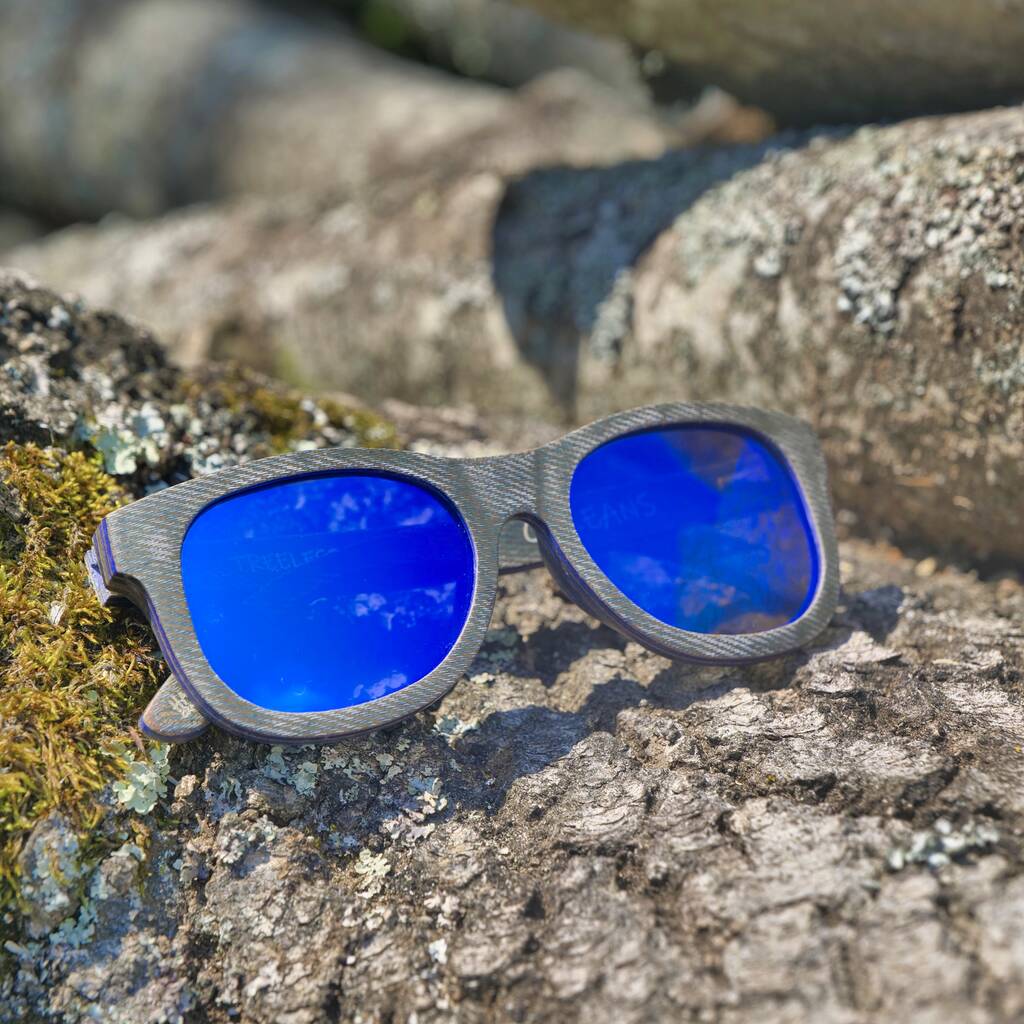 Boatmans Recycled Denim Frame And Blue Lens Sunglasses, 1 of 11