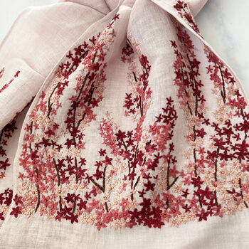 Hand Embroidered 100% Linen Scarf In Light Pink Meadow Floral, 5 of 5