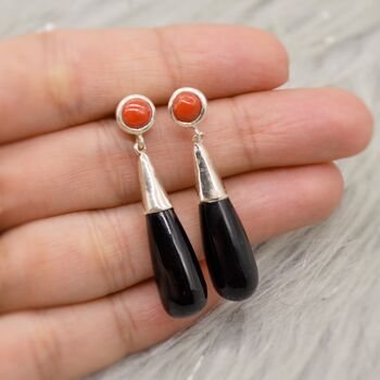 Black Onyx, Red Coral Earrings: Silver, Gemstone Drop, 6 of 6