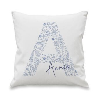 Personalised Floral Blue Initial Cushion, 4 of 4