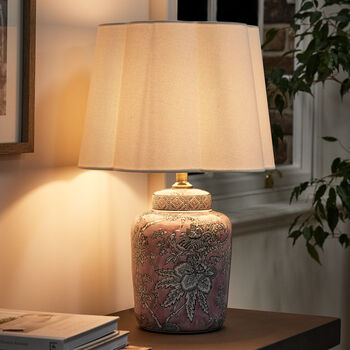 Pink Floral Ceramic Table Lamp With Scalloped Shade, 3 of 7