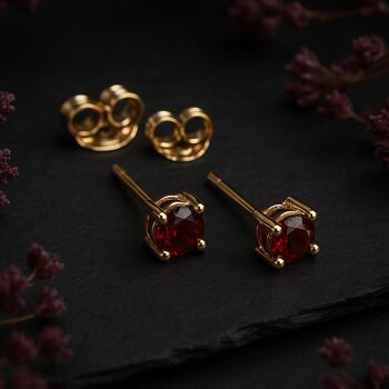 Solid 9ct Yellow Gold January Garnet Birthstone Stud Earrings, 2 of 4