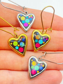 Mini Disco Heart Earrings Handmade With Colourful Sparkles, 5 of 10