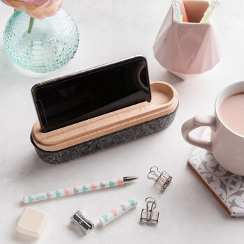 Personalised Wooden Felt Pencil Case And Phone Stand, 7 of 9