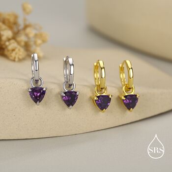 Sterling Silver Amethyst Purple Trillion Cut Cz Hoop Earrings, 4 of 11