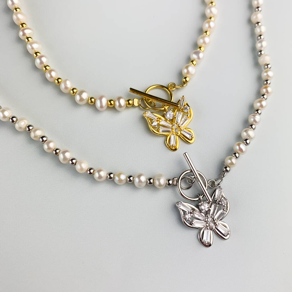 Sterling Silver Butterfly Pendant Pearl Choker Necklace, 1 of 5