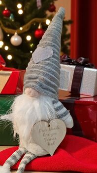 Personalised Christmas Gnome Striped Hat And Wooden Heart, 3 of 5