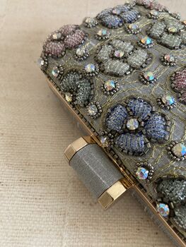 Grey Handcrafted Multicoloured Flower Rectangular Clutch, 10 of 11