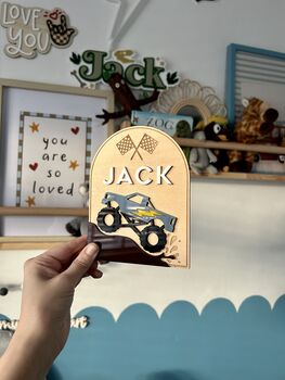Personalised Wooden Monster Truck Name Plaque / Shelf Sitter Car Garage Playroom Sign, 4 of 4