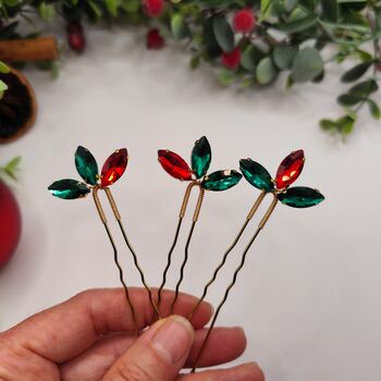 Christmas Red And Green Crystal Hair Pin Set Of Three, 12 of 12