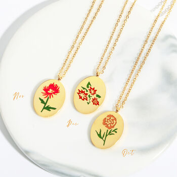 Oval Enamelled Birth Flower Necklace In A Gift Box, 9 of 12