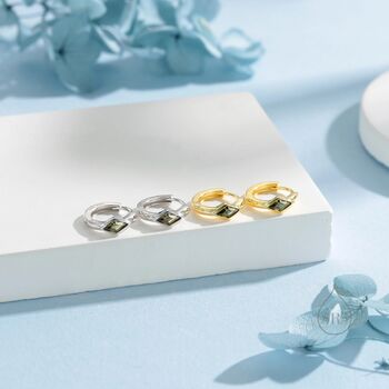 Tiny Rhombus Olive Green Cz Huggie Hoop In Sterling Silver, 4 of 12