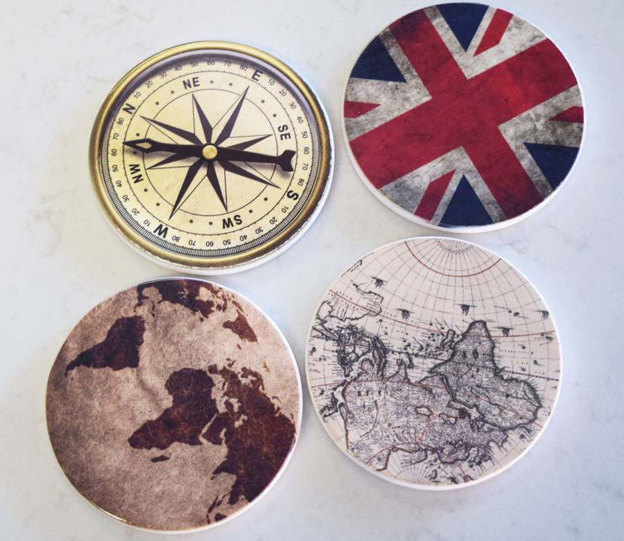 antique ceramic maps flags and compass coasters by pushka home