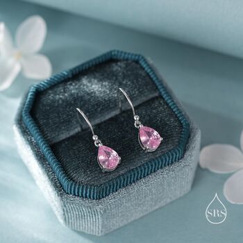 Sterling Silver Tourmaline Pink Pear Cut Cz Drop Earrings, 5 of 10