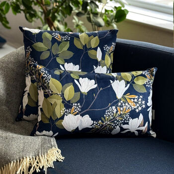 Luxury Super Soft Velvet Cushion Magnolia Navy Floral, 2 of 5