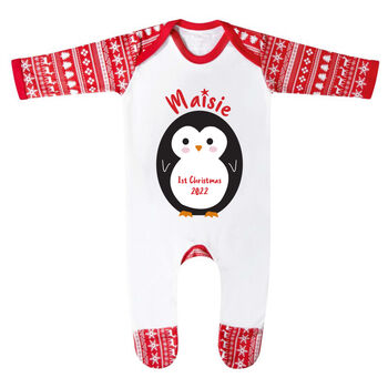 Personalised Penguin Baby First Christmas Babygrow, 7 of 12