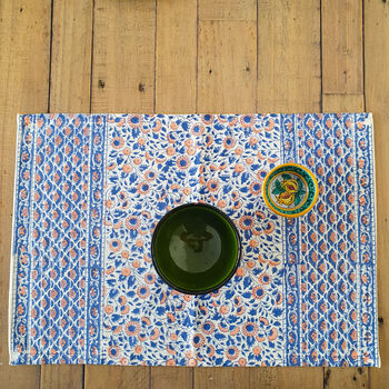 Fair Trade Block Printed Placemats, Blue Pink Dining Table Mats, Handmade In India, 2 of 11