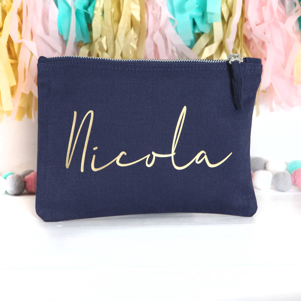Personalised Navy Pouch With Gold Lettering
