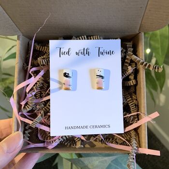 Baby Pink And Gold Pink Ceramic Bar Stud Earrings Abstract Splatter Minimalist Studs, 2 of 11