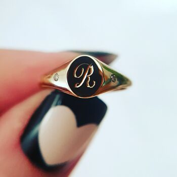 Mini Initial And Diamonds Signet Ring Gold/Silver, 2 of 12