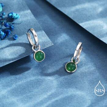 Sterling Silver Dangling Green Onyx Hoop Earrings, 5 of 11