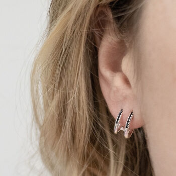 Sterling Silver Black Cz Double Hoop Huggies, 3 of 6