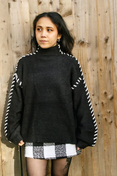 Black Chunky Topstitch High Neck Jumper, 3 of 4