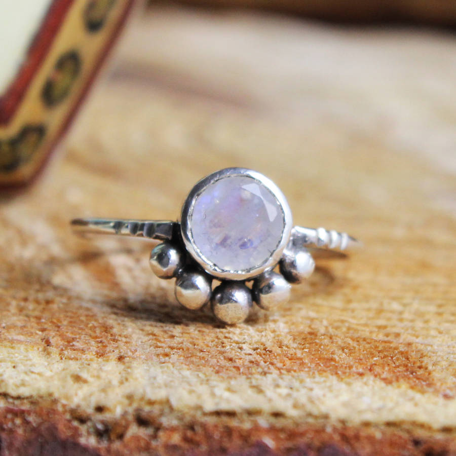 Eevi. Sterling Silver Round Faceted Moonstone Ring By Amelia May