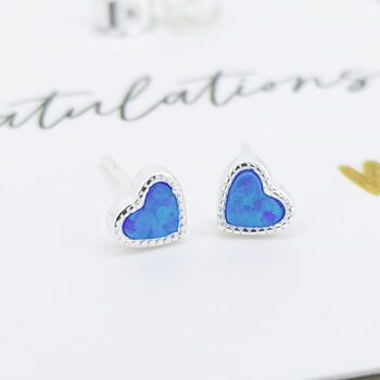 Mini Sterling Silver Blue Opal Heart Stud Earrings, 4 of 9