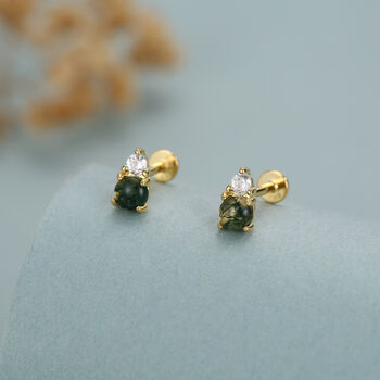 Sterling Silver Moss Agate And Cz 16 G Flat Back Labret Earrings, 4 of 10