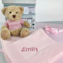 Personalised Baby Girl Bertie Bear With Blanket, Pink, thumbnail 1 of 5