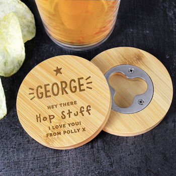 Engraved Star Bamboo Bottle Opener Coaster, 4 of 4
