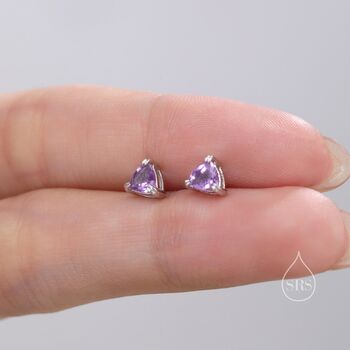 Genuine Amethyst Trillion Cut Stud Earrings In Sterling Silver, 4 of 12