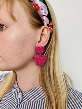 Pink Double Heart Glitter Earrings / Anniversary Gift For Her, 7 of 7