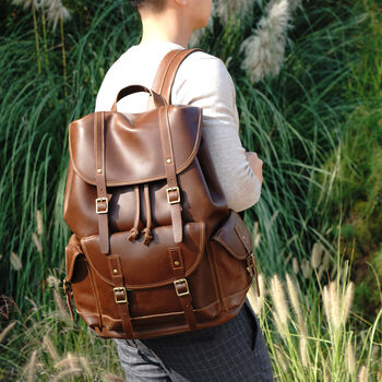 Military Style Genuine Leather Backpack In Tan, 12 of 12