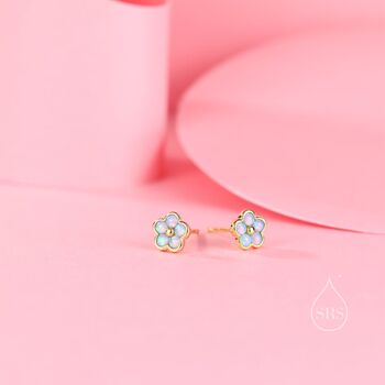 Blue Opal Flower Stud Earrings Sterling Silver, 5 of 12