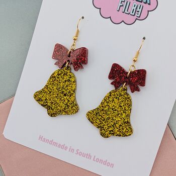 Christmas Glitter Bell And Bow Earrings, 3 of 5