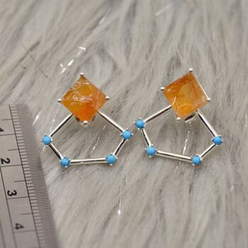 Raw Citrine, Turquoise Sterling Silver Earrings, 2 of 6