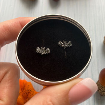 Silver Halloween Earrings, Sparkly Bats, In A Gift Tin, 3 of 8